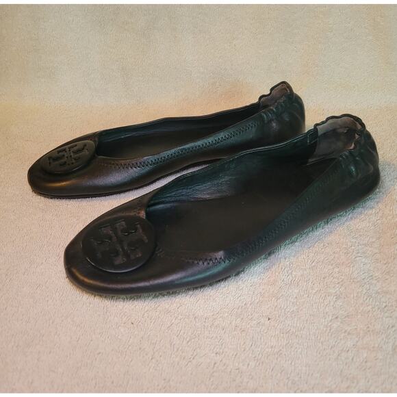 Tory Burch Black Leather Logo Toe Slip On Minnie Ballet Flats Women's Size 9M - Picture 2 of 7